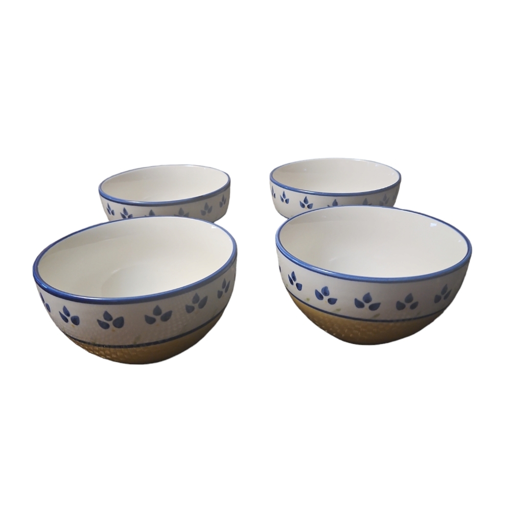 Set of 4 discontinued JC PENNEY COLOR STROKES BLUE LEAVES 6"D soup/cereal bowls